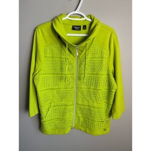 Onque Casual Womens Lime Green Crochet Panel Zip Up Jacket L Boho Bright Indie